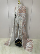 2025Luxury Feathers Cloak White Printing Sexy Sheath Jumpsuit Women Evening Party Bar Nightclub Singer Stage Performance Costume